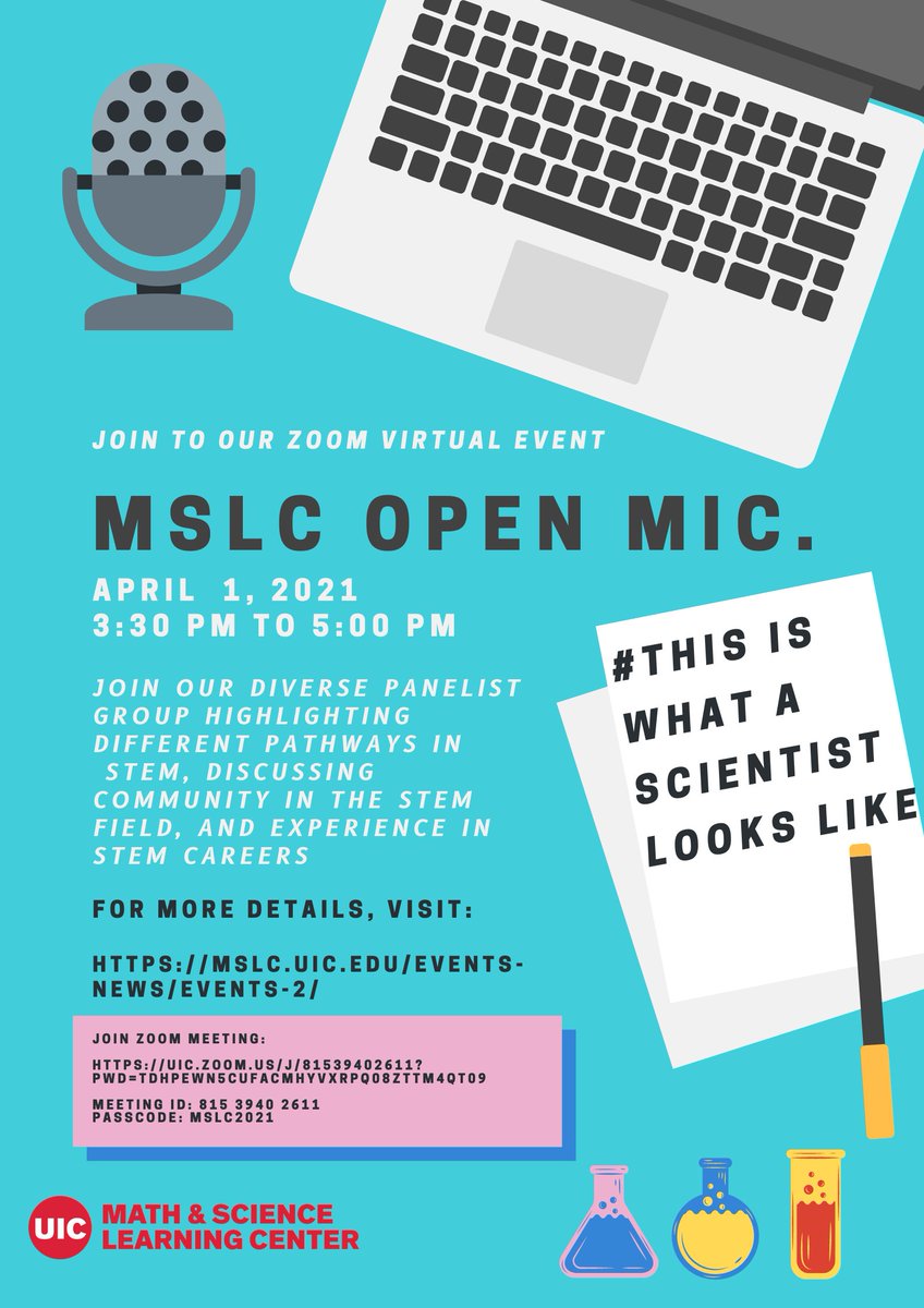 uic_mslc's tweet photo. MSLC will host an online event on April 1, 2021: MSLC Open Mic - This is What a Scientist Looks Like.  Come join us! #UIC https://t.co/tVdrE7WcLM