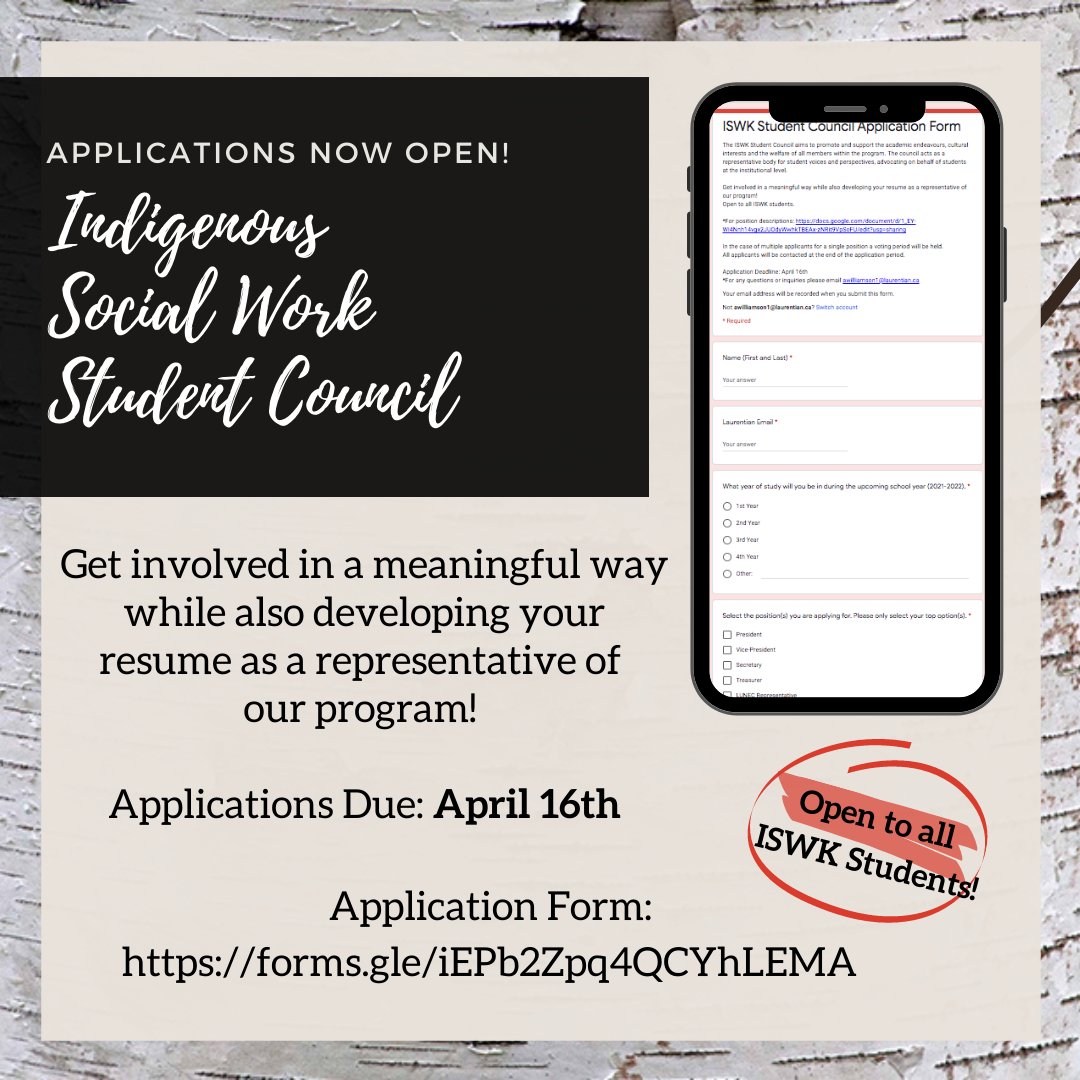 Laurentian University Indigenous Social Work (@laurentianiswk) on Twitter photo 🔻Applications for the 2021/2022 ISWK Student Council are now open! 🔻
Position Descriptions Available Here:
drive.google.com/file/d/1lFEu1i…
Applications Due: April 16th ❗️
Apply Here: forms.gle/eSQnPsY1qpMVfh…
For any questions or inquiries please email awilliamson1@laurentian.ca 🔻Applications for the 2021/2022 ISWK Student Council are now open! 🔻
Position Descriptions Available Here:
drive.google.com/file/d/1lFEu1i…
Applications Due: April 16th ❗️
Apply Here: forms.gle/eSQnPsY1qpMVfh…
For any questions or inquiries please email awilliamson1@laurentian.ca