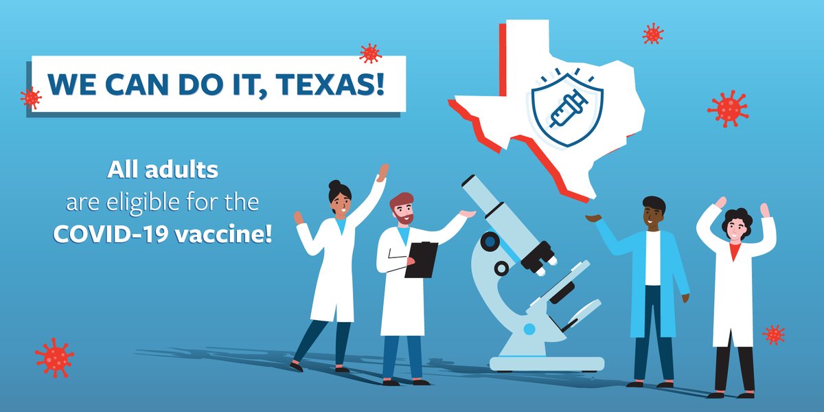 texashospitals's tweet photo. As of today, all adults in Texas are eligible to receive the COVID-19 vaccine. All vaccines are authorized for people 18 and older. The Pfizer vaccine is authorized for people 16 and older.

Get updated tips on how to find a vaccine near you by visiting https://t.co/DzkUndlVPV. https://t.co/VVCTuGYwdK