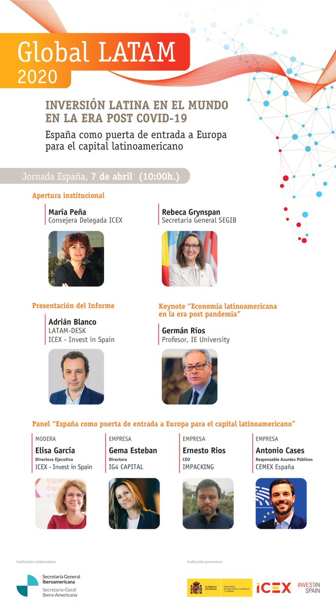 🇪🇸 España se consolida como destino prioritario para la inversión latina, y no ha perdido interés pese a la crisis de la #COVID19.

Te contamos más en la presentación del informe #GlobalLATAM 2020 

📆7 abril
🕙10.00 AM
 👉cutt.ly/8z6ucTI

#investinspain #Latinoamérica