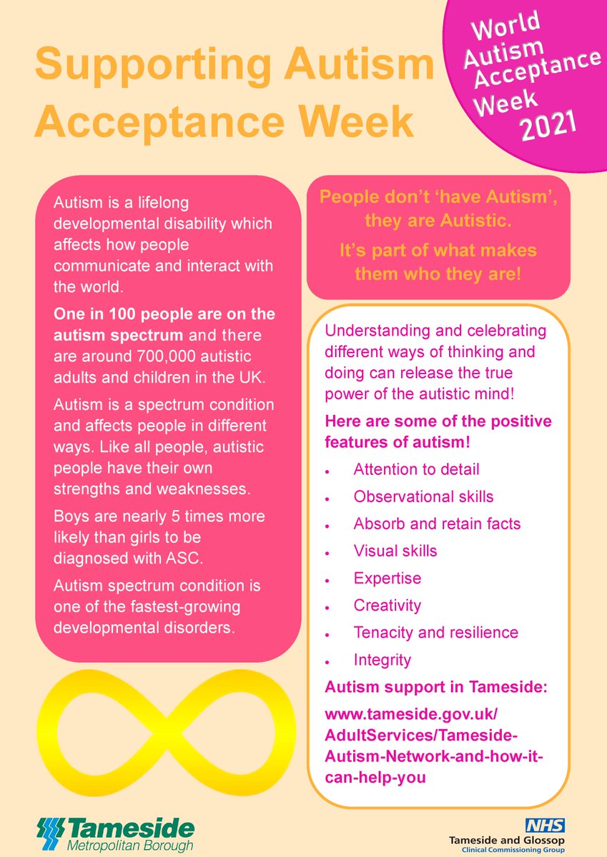 Tameside_ICP's tweet photo. This week we're supporting #AutismAcceptance Week!
Every day we will be sharing a poster with helpful information to help our communities understand and embrace different ways of thinking, and signpost to our services
#NationalAutismAwarenessWeek
Here's today's 👇👇 https://t.co/2KAVp1Nhjh