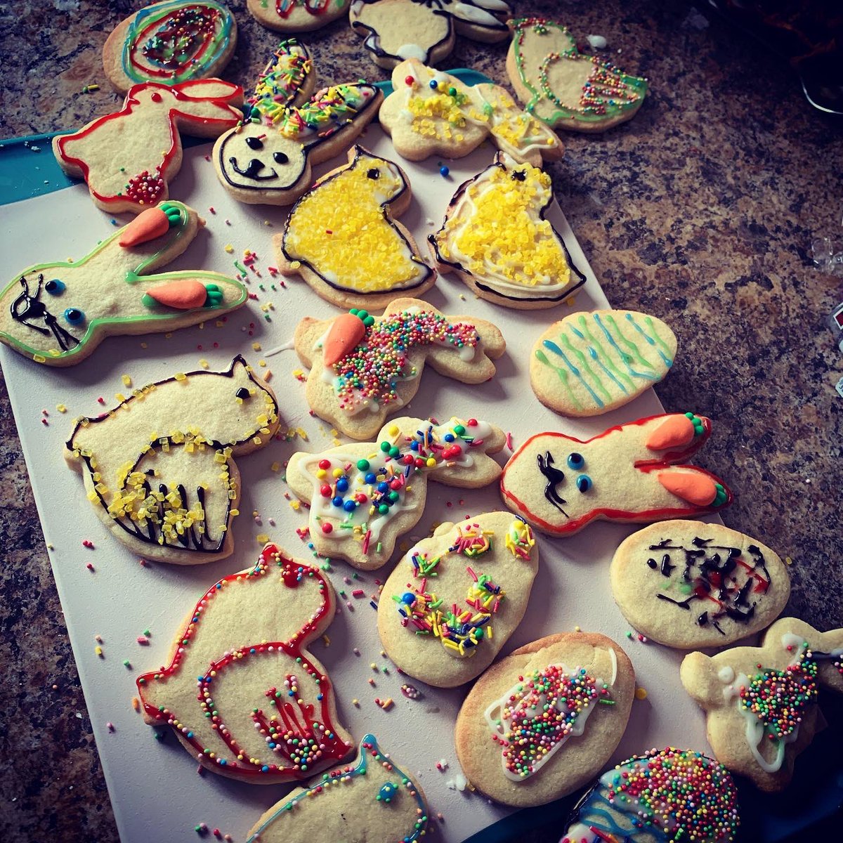 SarahRGal's tweet photo. Lots of #EasterBaking over the weekend! 33 biscuits baked, iced, delivered to neighbours, 1 plain one #TasteTested & 6 given to a friend for decorating fun. https://t.co/29nb9V6jOR