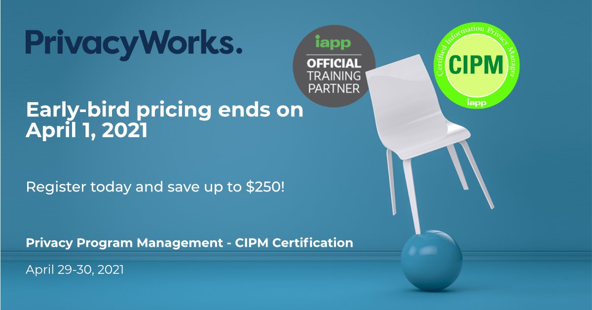 privacyworksinc's tweet photo. Boost your operational privacy credentials!
Our early-bird discount ends this week for our Privacy Program Management - CIPM training session. Save $250 and register by April 1, 2021.

https://t.co/qKmmGCttAR

#privacy #careerskills #newcareers #training

@PrivacyPros https://t.co/wZv74EM925