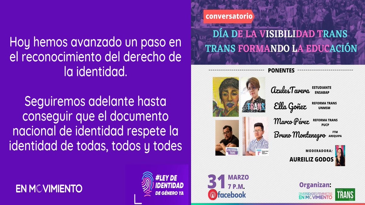 enmovimiento_pe's tweet photo. Desde #EnMovimiento saludamos este avance, y continuamos generando espacios de diálogo q nos permitan ir cerrando esta deuda histórica como lo es el respeto de la identidad y la visibilidad trans.  

Este 31de marzo a las 7p.m te esperamos por facebook live de #EnMovimiento https://t.co/UuF8QKilX9