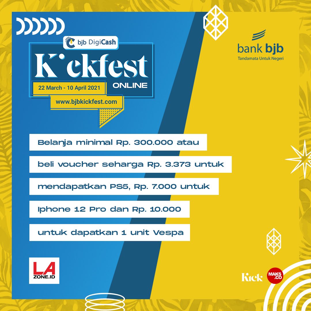 Dapetin juga doorprize berhadiah vespa, iphone 12 pro dan PS5. Cukup berbelanja minimal 300.000 atau membeli voucher nya hanya di bjbkickfest.com