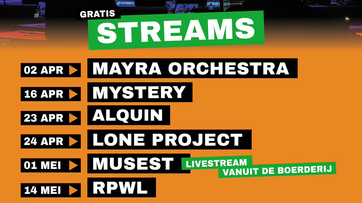 podiumBoerderij's tweet photo. Bijgaand een overzicht van de streams die op het programma staan! @musest_tribute is een livestream vanaf ons podium, de andere zijn registraties van concerten eerder opgenomen in de Boerderij.En allemaal gratis te bekijken. We beginnen vrijdag met @MayraOrchestra! https://t.co/RJtvClcqKb