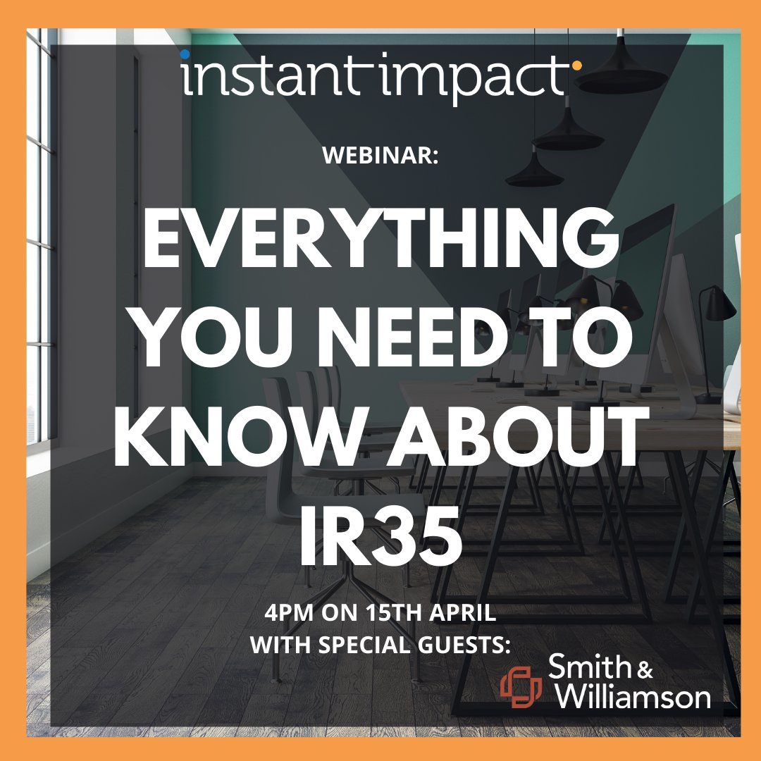 Join us at 4pm on 15th April when we will be joined by @SmithWilliamson to provide insight and advice on how best to manage the IR35 changes.

It will be an opportunity to share specific challenges you may be facing in light of the new rules

Register now: resources.instant-impact.com/ir35-need-to-k…