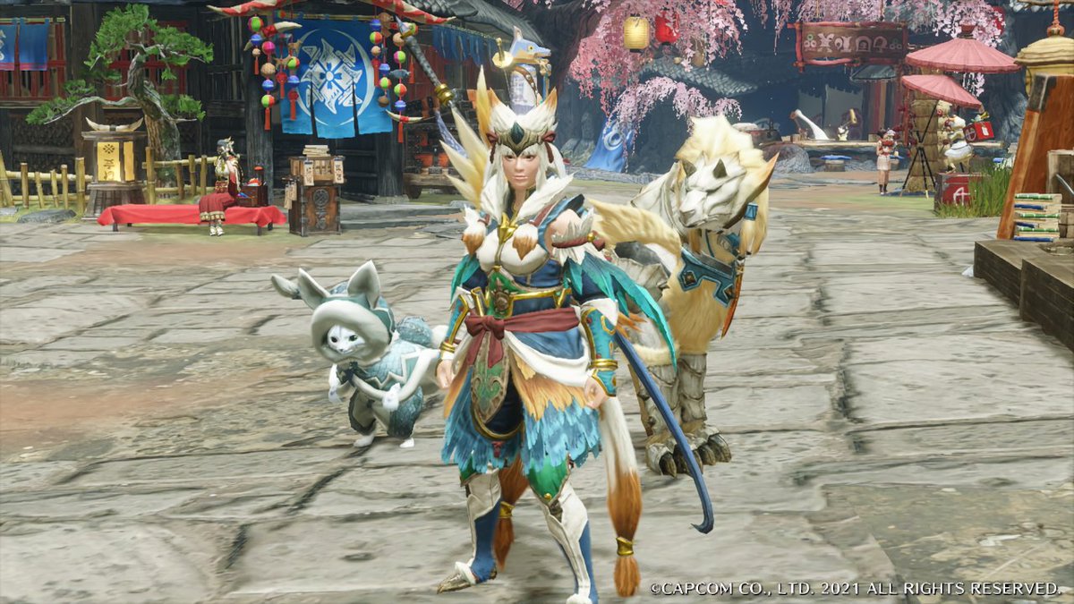 lucypower2002's tweet photo. Been playing a lot of MHR recently, here's a picture I took with my Palamute Shari and my Palicoe Sakura 😄

#MHRise https://t.co/oX15w1MO7U