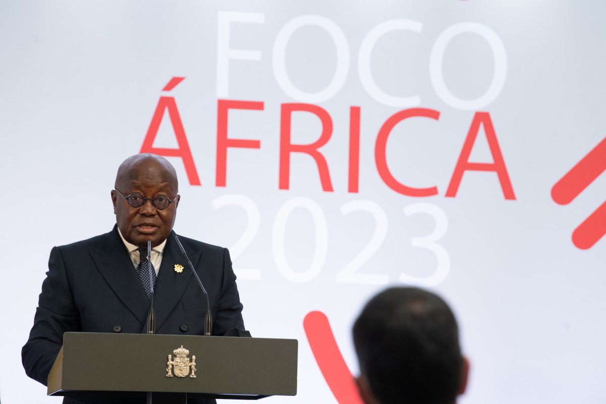 SpainMFA's tweet photo. The President of the Govt. @sanchezcastejon, together w/ the President of Ghana, @NAkufoAddo, and FM @AranchaGlezLaya, has presented today the action program #FocusAfrica2023, part of the #ForeignActionStrategy 2021-2024 and the 3rd #AfricaPlan, and aligned with the #2030Agenda. https://t.co/r13xNi0Tm0