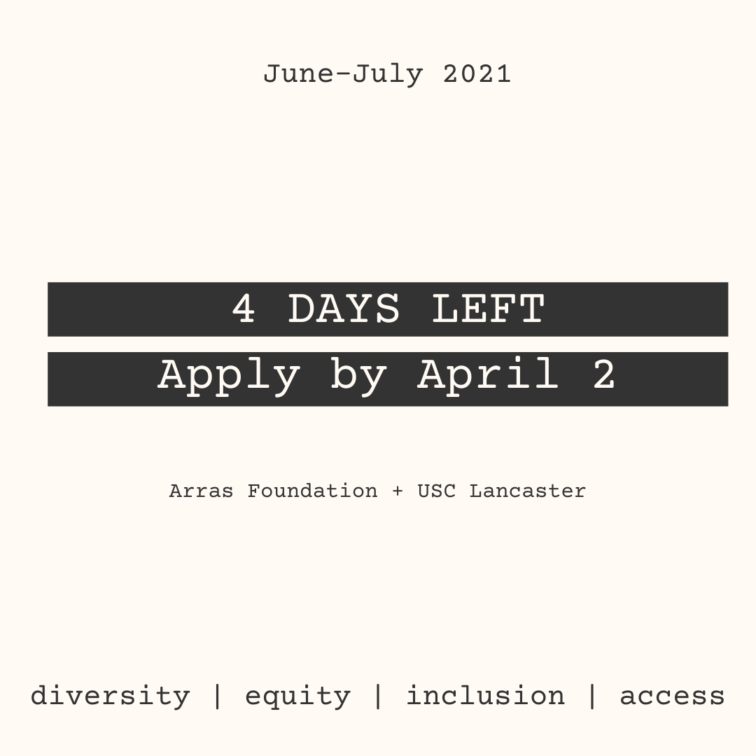 !! REMINDER: There are only 4 DAYS to apply for the Arras Foundation + <a href="/USCLancaster/">USC Lancaster</a> Virtual Summer Internship! 

Applications are due Friday, April 2, 2021 by 11:59 PM EST.

For more information and to begin your application, visit: arrasfoundation.org/summer-interns…