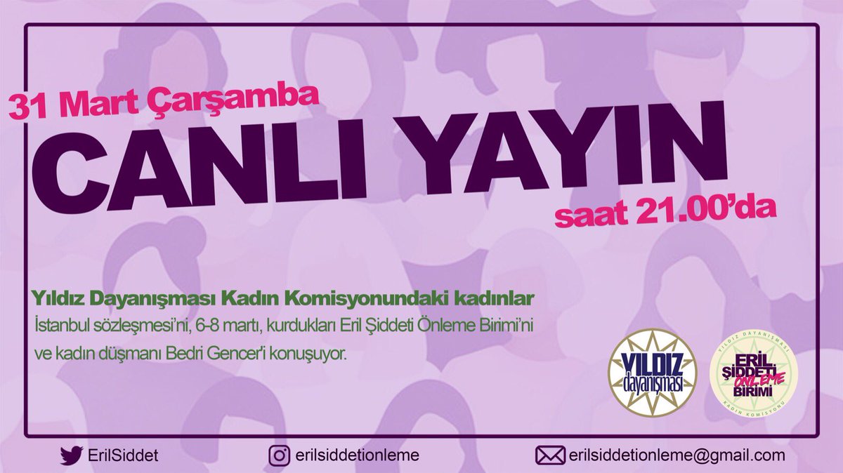ErilSiddet's tweet photo. 📣 31 Mart Çarşamba akşamı Eril Şiddeti Önleme Birimi ve Yıldız Dayanışması ortak yayınındayız! 
🟣Eril Şiddeti Önleme Birimi'ne katılmak için bio'daki formu doldurman yeterli✌🏻
#istanbulsozlesmesiyasatir https://t.co/wA91dS2na0