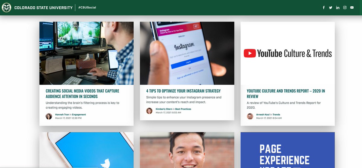 🆕 Fresh content from the #CSUSocial blog:

7️⃣ Tips to Elevate Your Brand's Twitter Presence 

🎥 Creating Videos to Capture Attention in Seconds 

💻 YouTube Culture &amp; Trends Report

4️⃣Tips to Optimize Instagram Strategy 

👋Get to Know our Newest Vlogger
social.colostate.edu