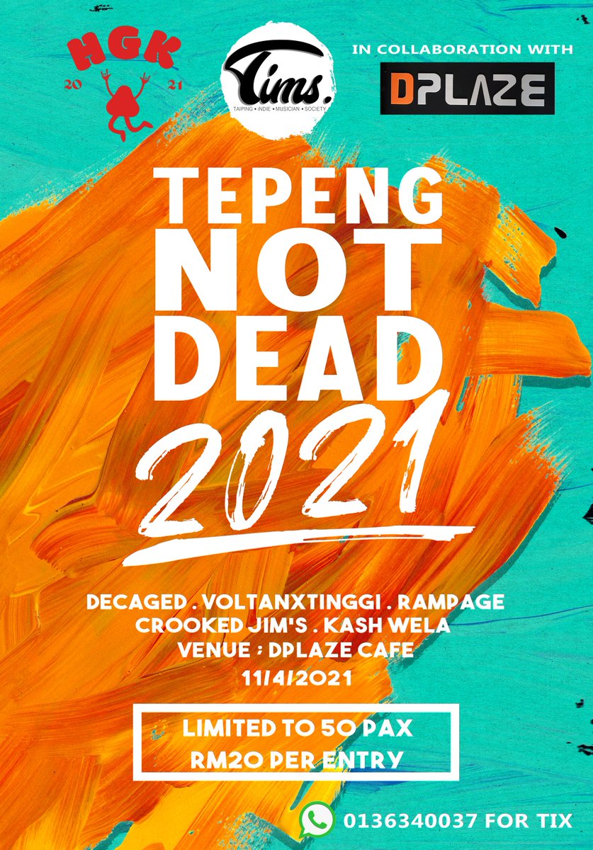 Jenn_Thompson's tweet photo. CORRECTION :
#ONGROUND LIVE GIG - TEPENG NOT DEAD 2021
at @DplazeCafe #Taiping #PERAK ft. #Decaged, #VoltanXTinggi #RampageHC @Crooked_jims
#KashWela
SUNDAY April11 5pm
TICKETS HERE : +6013 634 0037
#HariGigKebangsaan https://t.co/II3QLtJj0S