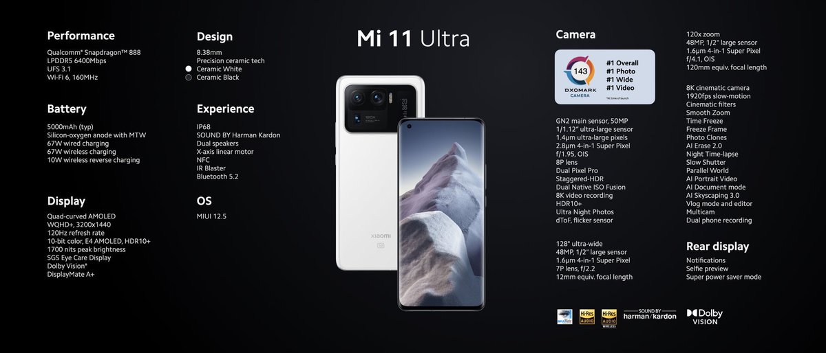 mweinbach's tweet photo. So this Mi 11 Ultra really seems to be an ultra phone. It has a Dolby Vision display, 1700 nit peak brightness, 67W wired and wireless charging, dual speakers, a ceramic back, an insane camera setup, and probably more I've missed. 

Can't wait for this. https://t.co/IP13cBikfL