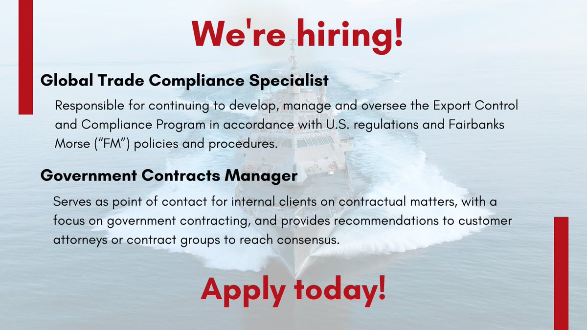 FairbanksMorse's tweet photo. Fairbanks Morse is hiring a Global Trade Compliance Specialist and Government Contracts Manager. If you’re interested in working with our world-class team , apply now! https://t.co/lNTNElWxZ4 #poweringtheworldforward #hiring https://t.co/isYb6wR8in