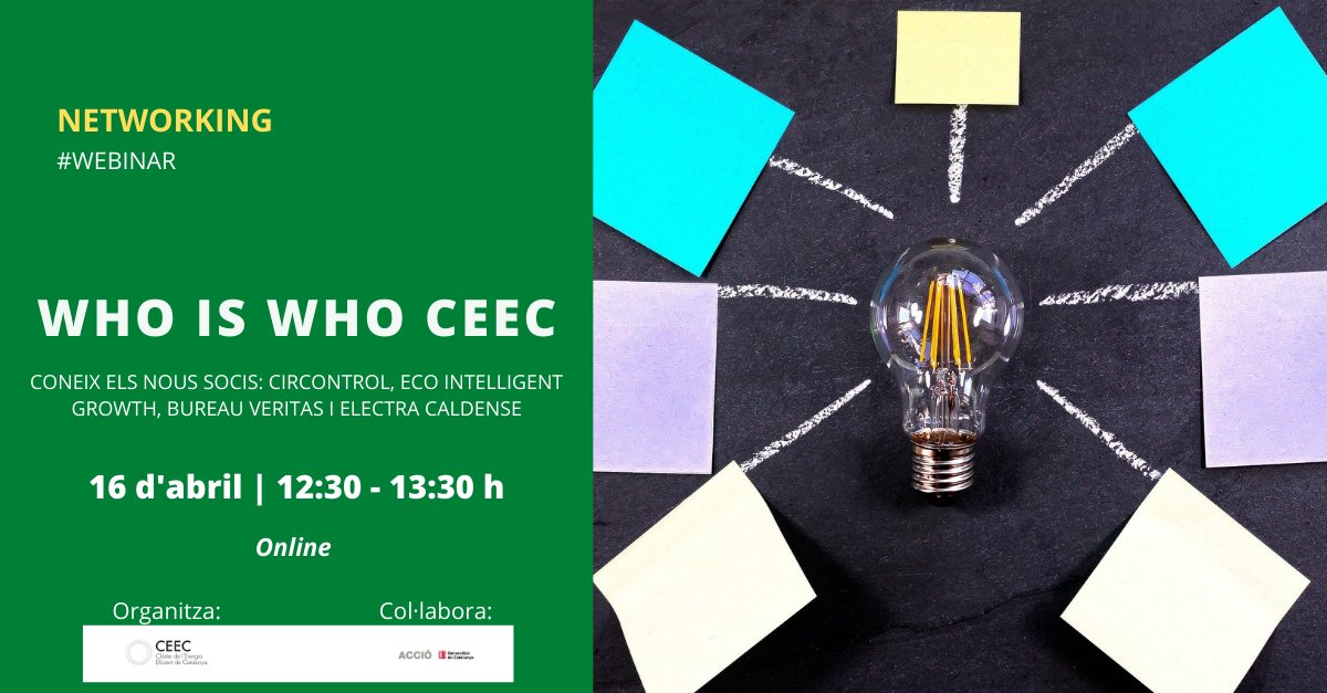 clusterEE's tweet photo. #ActivitatsCEEC | Coneix al #WhoIsWhoCEEC algunes de les últimes incorporacions al #CEEC:

⚡ @circontrol_com, @eig_c2c, @BureauVeritasEs i @EnergiaElectra

📅 16 d’abril
⏰ 12:30 h
📍 Online
✍️ https://t.co/haG8wbtVwG https://t.co/DKSFCDUv6y