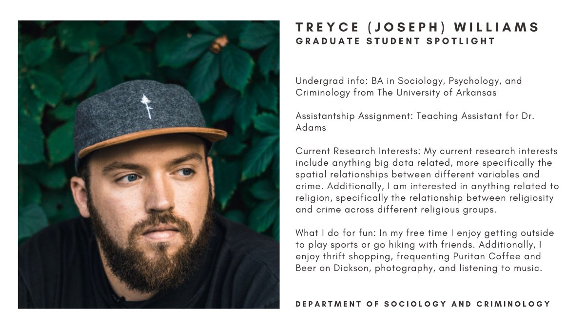Today we spotlight Treyce (Joseph) Williams, our Graduate Student, who is pursuing his Master’s in Sociology with a concentration in Criminology.