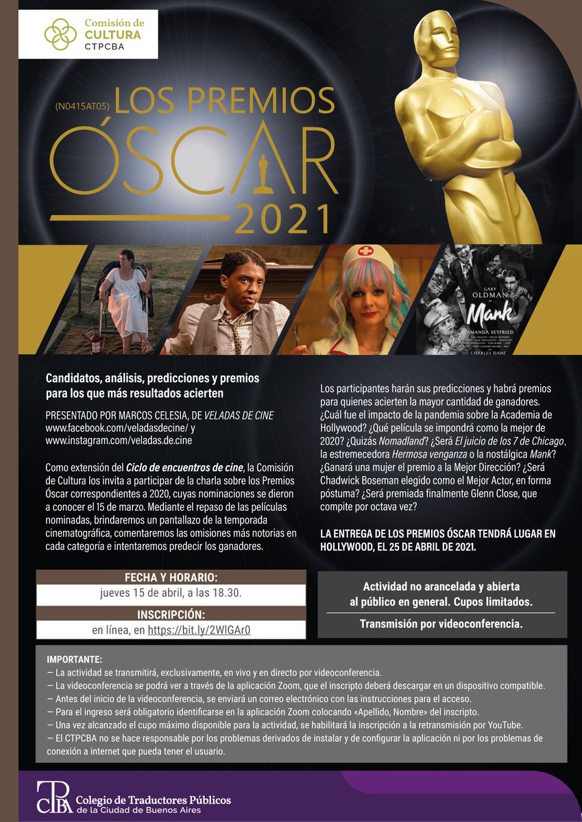 LOS PREMIOS ÓSCAR 2021

Fecha y horario: jueves 15 de abril, a las 18:30

Inscripción: en línea, en bit.ly/2WlGAr0.
Transmisión por videoconferencia.