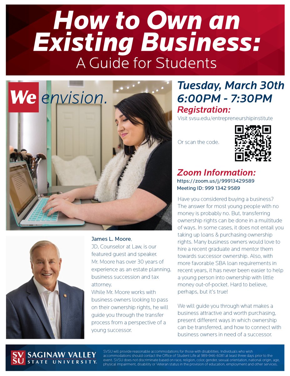 Last moment to register! 
Our "How to Own an Existing Business: Guide for Students" workshop is TOMORROW, Tuesday, March 30 @ 6PM. 
Register at: svsu.edu/entrepreneursh…
Write at: iiszyman@svsu.edu with any questions