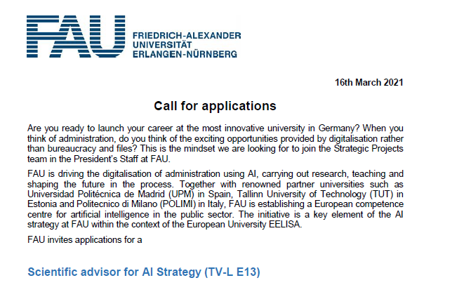 moeslein's tweet photo. #FAUjobs: Join the #FAU president's office as Scientific Advisor for #AI #Strategy @unifau #1innovator :: Deadline April 6th, 2021 >>> https://t.co/3dZTxhBGMq https://t.co/16tlOj4FSM