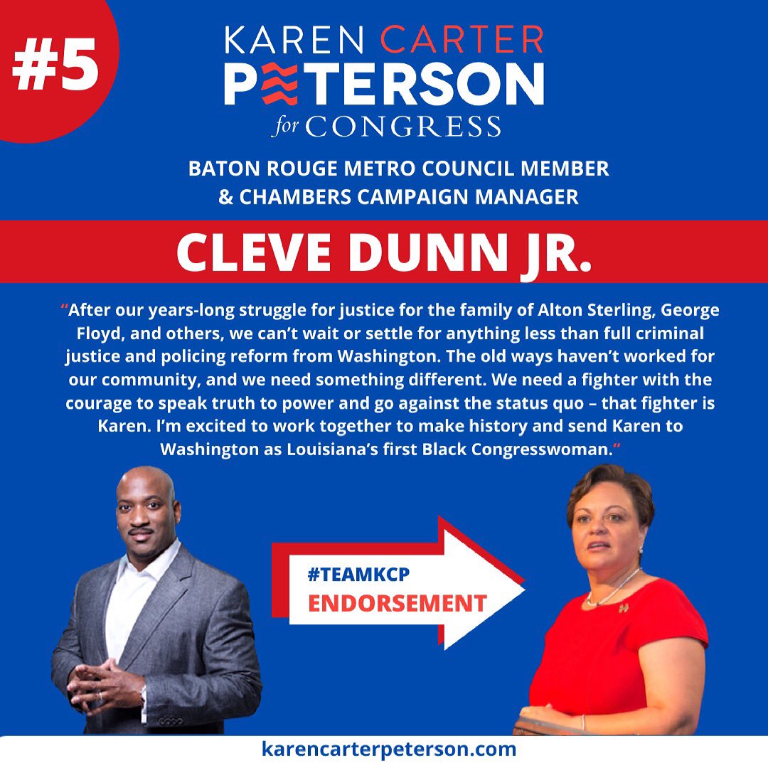 CleveDunnJr's tweet photo. After having numerous detailed conversations with both Senators, I’ve decided to endorse Karen Carter Peterson in the Congressional District 2 runoff. In my opinion Karen is the most progressive of the two Senators and her platform is more closely aligned with the thoughts, 1/3 https://t.co/YPmXZRJ6Yy