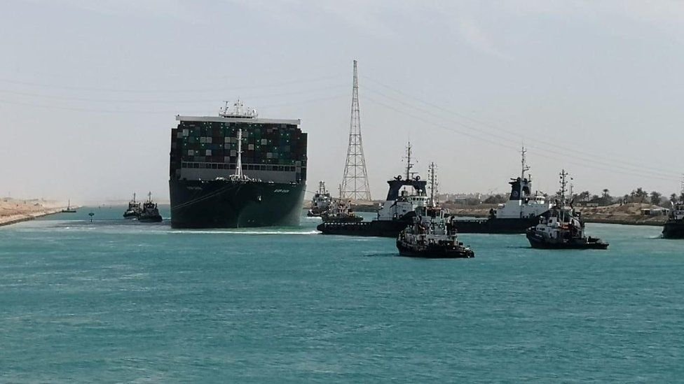 PunYaab's tweet photo. Evergreen ship which had blocked the Suez canal has been freed. 
I was planning to send tractors from Singhu border to get it freed.
Photo: Reuters. https://t.co/M8QnkwVm7X