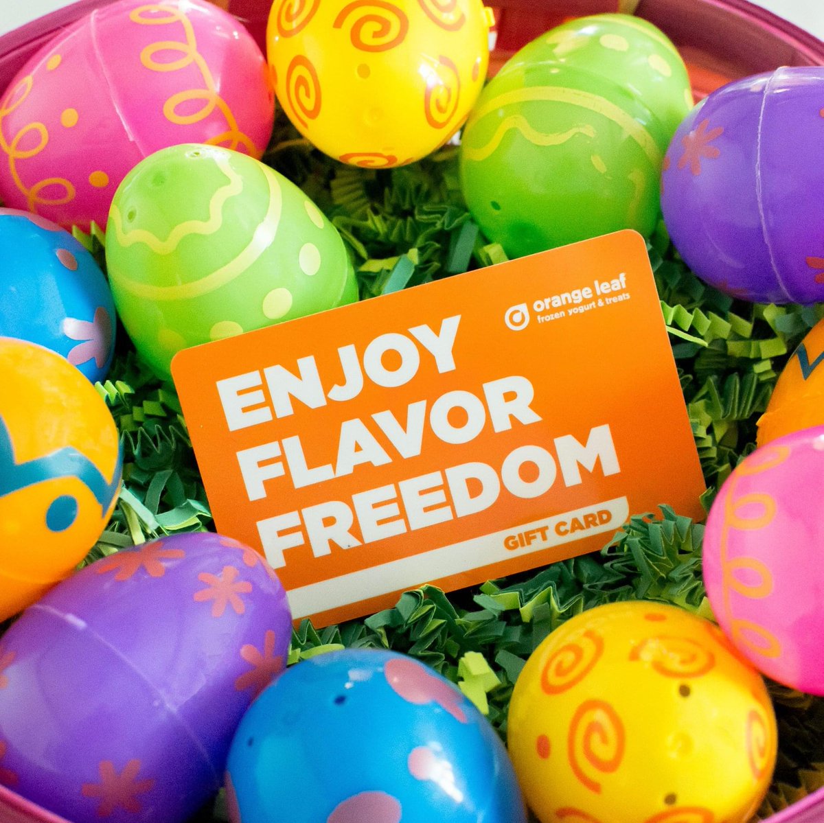 OrangeLeafKY's tweet photo. Easter is just around the corner and Orange Leaf gift cards make an EGG-cellent addition to any Easter basket 🐰 https://t.co/PcSzBYAOpR