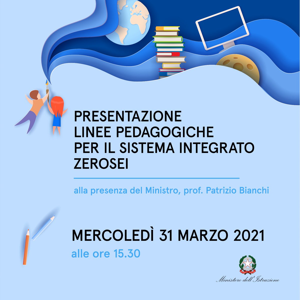 MIsocialTW's tweet photo. Il 31 marzo lanceremo la nostra campagna di consultazione sulle Linee pedagogiche per il sistema integrato 0-6 anni. Seguiteci in diretta, dalle 15.30.

Aprirà i lavori il Ministro Patrizio Bianchi.

Qui tutte le info ▶️  https://t.co/O5fu7gSTMA https://t.co/so5E8y3YOG