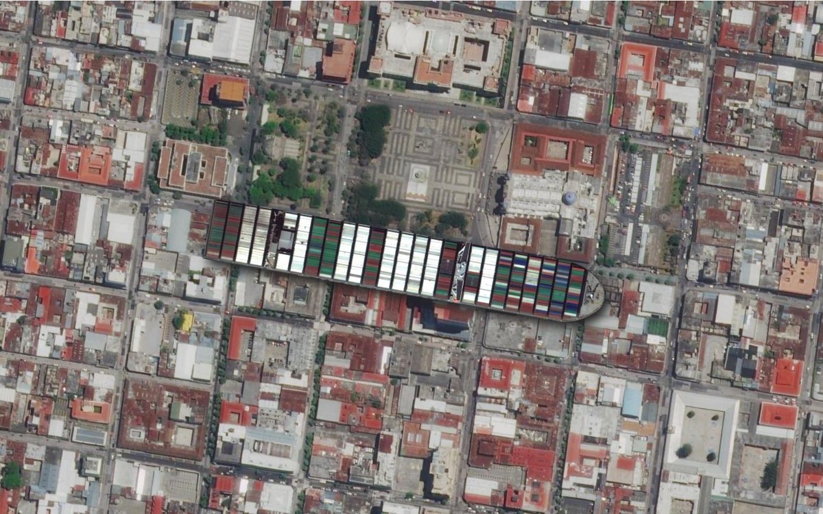 enriquepazos's tweet photo. Esta fantástica página deja colocar al #EverGiven en cualquier parte del mundo!

El barco es gigantesco. Para apreciar la escala:

1. Son tres cuadras del Centro Histórico
2. Unas dos veces el estadio Doroteo Guamuch
3. Frente a Santiago Atitlán

https://t.co/Kee3Yfat2O https://t.co/FOYEI9ij9z