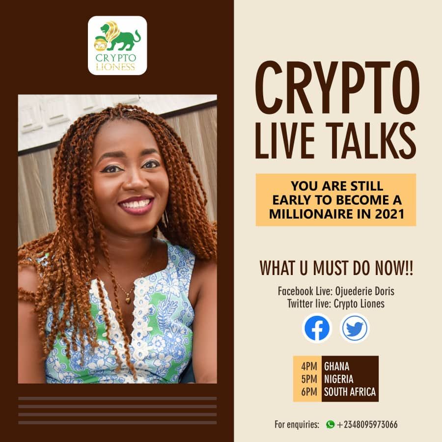 CryptoLiones's tweet photo. Don't miss my Crypto talk in few hours...... Live on Twitter.

Another opportunity to change your life with my information.
You can still be Rich in 2021

Look banner for time and more detail

#cryptoslioness #womenwhotrade https://t.co/GXmr3Lt2FE