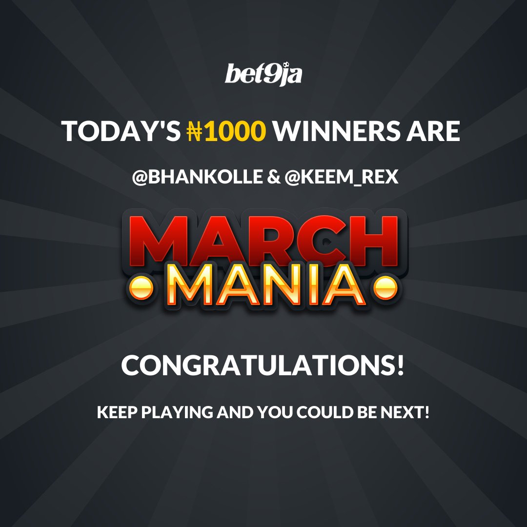 Bet9jaOfficial's tweet photo. Congrats to today's #bet9jaMarchMania winners: 
@bhankolle &amp; @keem_rex 🎉   

You could be next! 😱  

Tag a friend in our pinned post! Want more entries? Tag more friends! 👈 https://t.co/xwG0nm2yiB