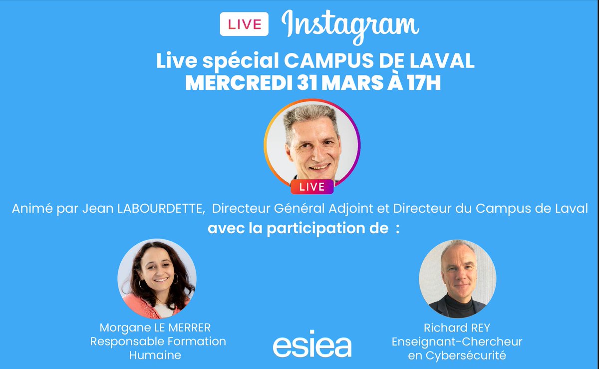 esiea_school's tweet photo. 📢 Participez au #LIVE #Instagram spécial Campus de Laval ce mercredi 31 mars à 17H. N'hésitez pas à nous poser vos questions dès maintenant pour que Jean Labourdette, Directeur Général Adjoint et Directeur du Campus de Laval puisse y répondre en direct. https://t.co/h8wLVtZddw