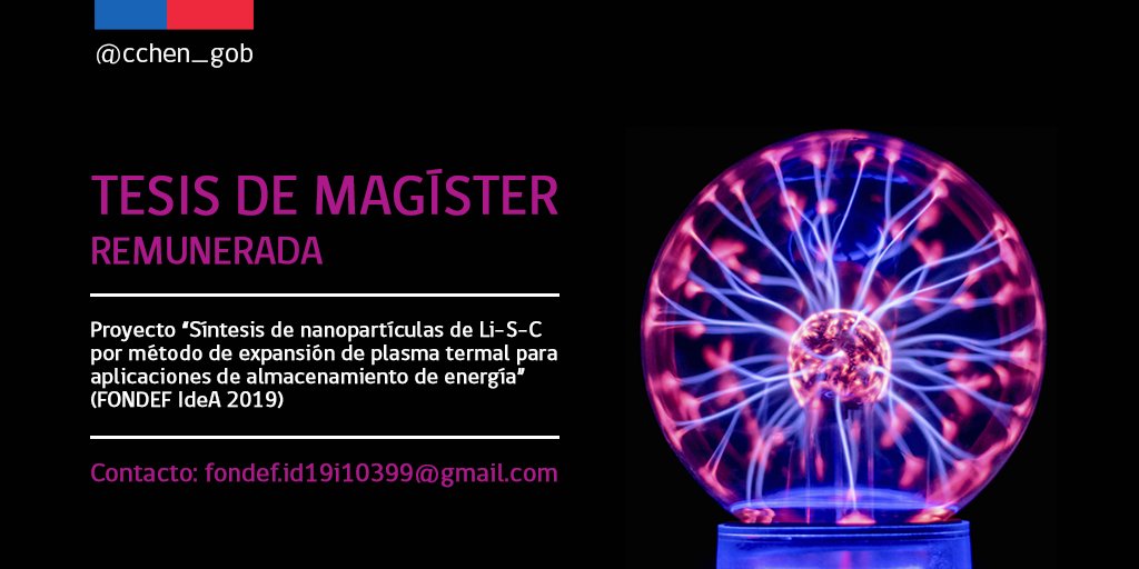 cchen_gob's tweet photo. 🔊 ¡Atención! En @cchen_gob buscamos un/a estudiante de Magíster en física, química, ingeniería o afines.

Ofrecemos una Tesis de Magíster (💰) para un proyecto con nanopartículas de Li-S-C para aplicaciones de almacenamiento de energía🔋

¡A pasar el dato! 👇👇👇 https://t.co/tSr3OHJETh
