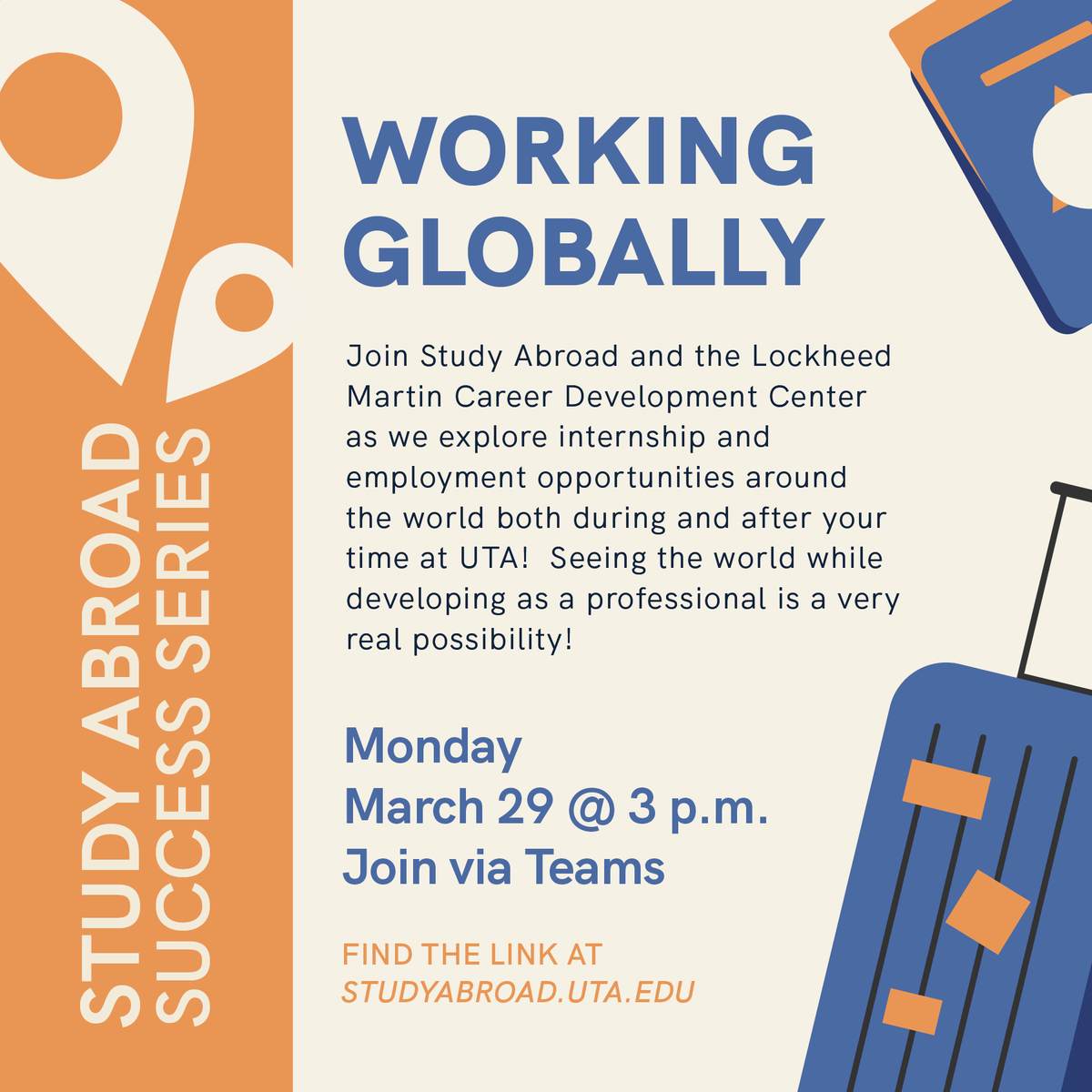 UTAstudyabroad's tweet photo. Want to know about employment opportunities around the world? Join us TODAY at 3  for our Working Globally info session with @hireamav on Teams!

https://t.co/fCDRe8ibk0 https://t.co/V7BfCWJoDh