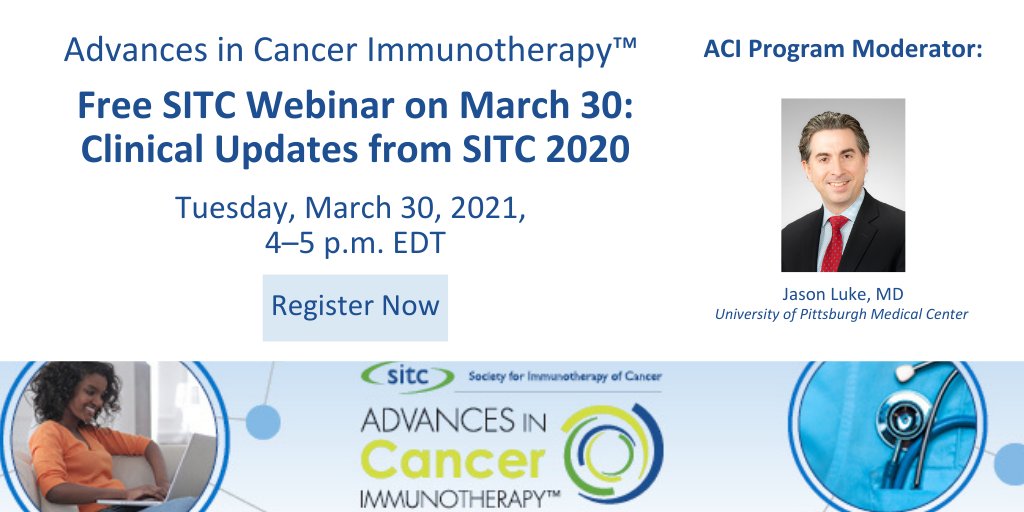 sitcancer's tweet photo. Tune in tomorrow at 4 p.m. EDT, for SITC’s free, CME-, CNE-, CPE- and MOC-certified Advances in Cancer ImmunotherapyTM Webinar: Clinical Updates from SITC 2020 (#SITC2020). Click here to learn more about this upcoming #LearnACI webinar: https://t.co/lwUpaNWlMo https://t.co/JLrQUABCsF
