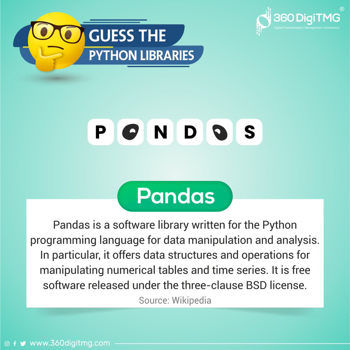 360digitmg's tweet image. #pandas is the answer to the Second Puzzle. Hit the 'Like' button if you answered correctly.
#pythonpandas #pyhtonlibrary #pandaslibrary #360DigiTMG
