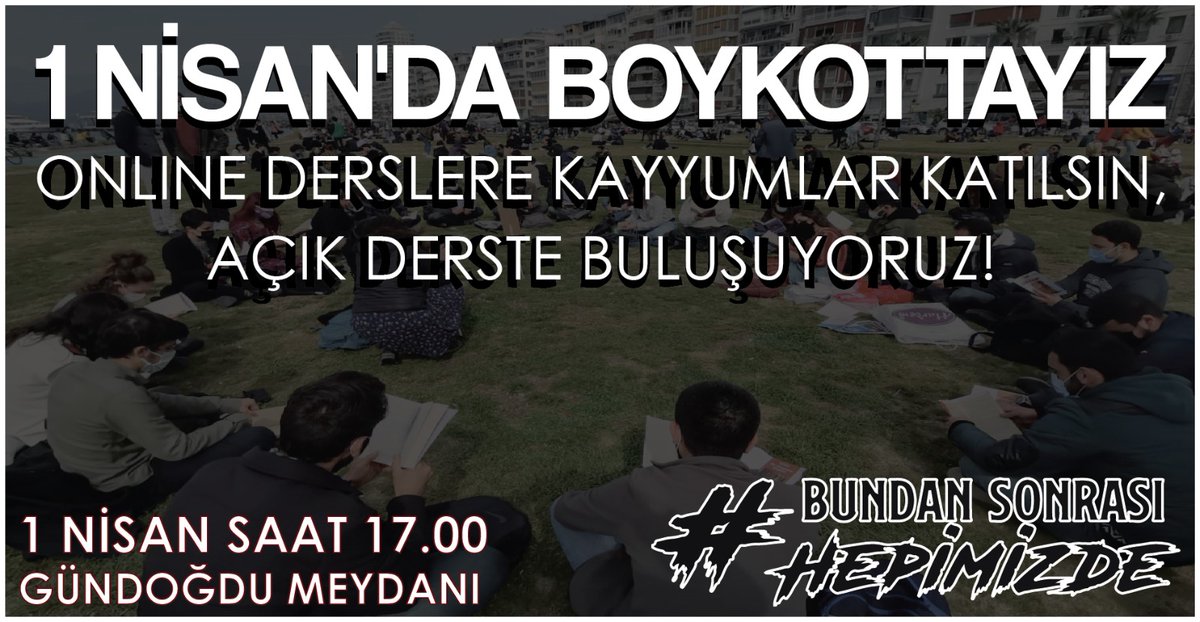 deudayanismasi's tweet photo. 1 Nisan'da BOYKOTTAYIZ !

KHK'ler ile ihraç edilen akademisyenlerimizle, okullarından uzaklaştırılan arkadaşlarımızla birlikte kendi alternatif dersimizi oluşturuyoruz.

1 Nisan Perşembe günü saat 17.00'de Gündoğdu Meydanı'nda buluşuyoruz. https://t.co/dmmEFKE4iN