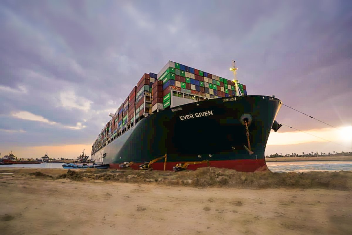 nextmaritime's tweet photo. Vessel #EverGiven in #SuezCanal has been partially refloated but bow still stuck. Dredgers, excavators and tugboats work through weekend to free stern. https://t.co/aKFT2WAIE7