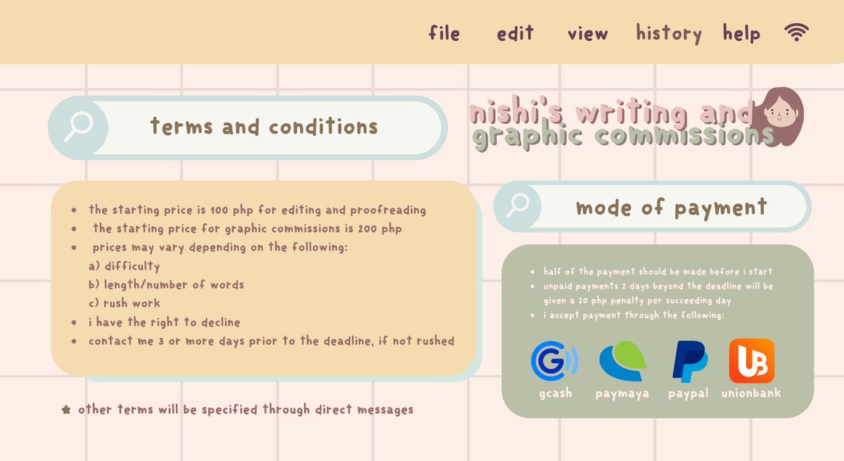 hi, i’m nishi! 

i’ve decided to start accepting writing and graphic/acad commissions to help students with their academic workload. i offer services ranging from simple essays to powerpoint presentations among others. 

feel free to dm me for inquiries and get to know me! 🤍