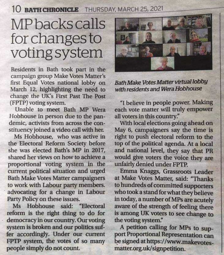 MakeVotesMatter's tweet photo. "Electoral reform is the right thing to do for democracy in our country. Our voting system is broken and our politics suffer accordingly. Under our current  FPTP system, the votes of so many people simply do not count." - @Wera_Hobhouse @BathMvm https://t.co/3zzimd86rv