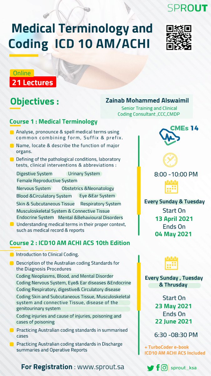 ZSwaimil's tweet image. يسرني اعلان برنامج تدريبي بتنظيم منصة التدريب المستمر للمارس الصحي  @sprout_ksa  وهو برنامج شامل للعلوم الصحيه و للترميز الطبي  يبدأ 13 ابريل  مفتوح للتسجيل عبر الرابط #مهنة_الترميز_الطبي #الترميز_الطبي 
cutt.ly/axNSC7N