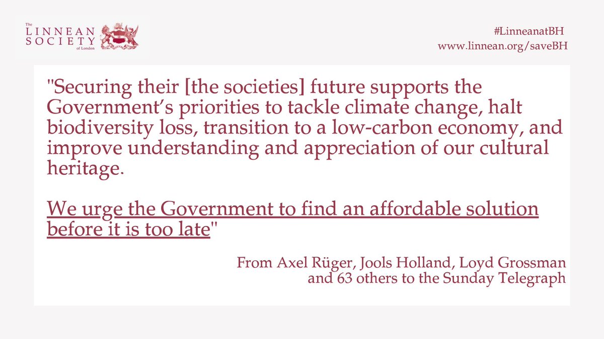 LinneanSociety's tweet photo. Supporters of the Burlington House campaign have sent a letter to the editor of the Sunday @Telegraph, urging the Government to take action on its promise to help us stay. 
Read the full statement here: https://t.co/sjAs8pDIOT
Please help us amplify the message! #LinneanAtBH https://t.co/2xGMZPYCXw
