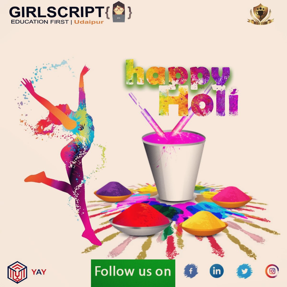 GirlcriptUDR's tweet image. &quot;Let the child hidden inside you, come out this Holi &amp;amp; play with the colours of love and happiness all around.” ― Happy Holi 21&apos;.
#HappyHoli2021 #RangBarse #girlscript