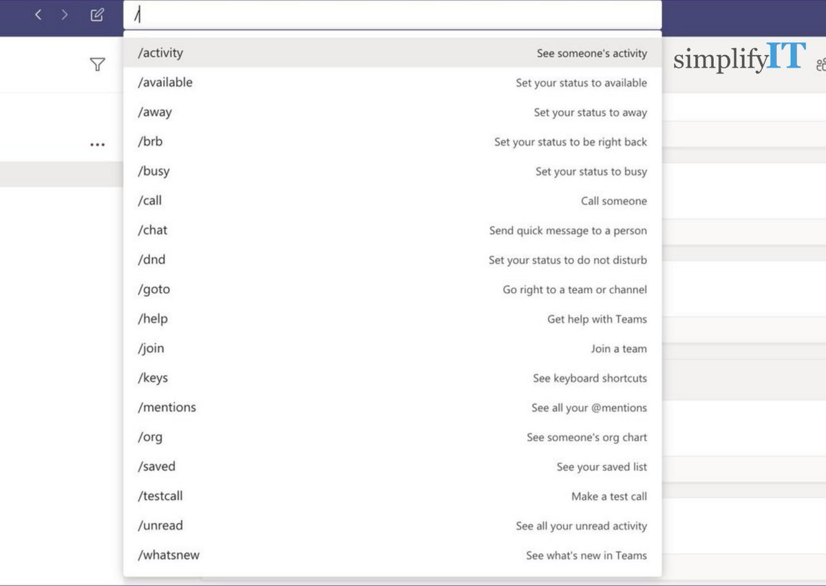 SimplifyITke's tweet photo. Did you know that the search bar in Teams doubles as a command line? Type in one of the recognized commands to take a shortcut to some of the most frequent tasks: /files to view recent files &amp; /call to make a call, just to name a few. 
https://t.co/P3XaNPU3yX
#Reliablesolutions https://t.co/yXbeMmOIqN