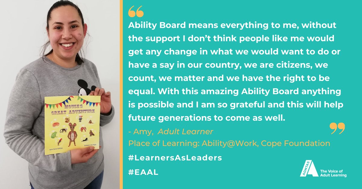 aontas's tweet photo. “Anything is possible” – Amy from the Ability Board (@AbilityCork) shares her #LearnerVoice as part of the #LearnersAsLeaders campaign.

Amy describes the need for representation of people with different abilities in decision-making positions➡️https://t.co/KtgLC9jVoB

#EAAL https://t.co/RZIj7eRMEw