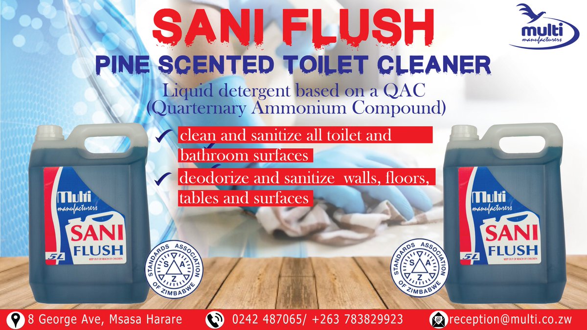 MultiManufactu1's tweet image. Sani Flush cleans all toilet, bathroom, walls, floors and table surfaces. Order yours now! For more information contact us on 0242 487065/ +263 783829923 (WhatsApp) or email us on reception@multi.co.zw