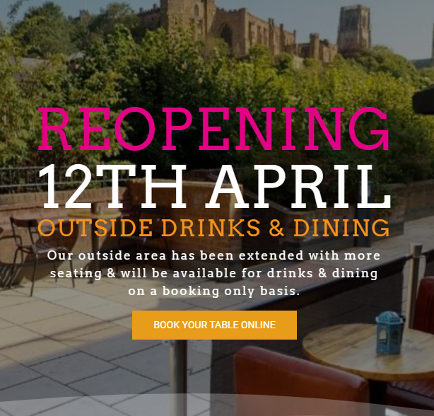 the_food_pit's tweet photo. The Food Pit is re-opening on the 12th of April for outside drinks &amp; dining. We have extended our outside area adding additional tables &amp; chairs with views across the river &amp; Durham Cathedral.

Booking is required via our booking system on our website https://t.co/ZWq2wLbdwB. https://t.co/YvV2BSsvQr