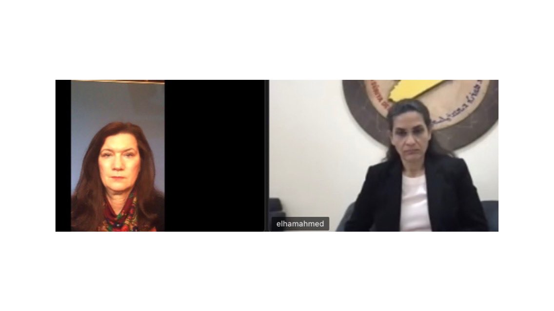 AnnLinde's tweet photo. Good discussion with Ilham Ahmad from SDC in northeast Syria. We talked about the #Syria10 crisis and Sweden’s ongoing role ahead of #SyriaConf2021. Reaffirmed our collaboration in the fight against Daesh. https://t.co/Dhfk7TK0Wx