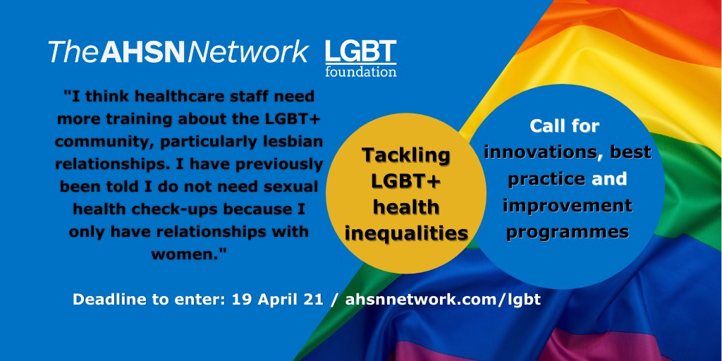 We’re looking for innovations &amp; projects that can address health issues affecting the #LGBT community. Whether you’re in #NHS, research, industry or the VCSE sector - if you’ve got exemplary work to share we want to hear from you! ahsnnetwork.com/lgbt <a href="/LGBTfdn/">LGBT Foundation</a> #AHSNDiversity