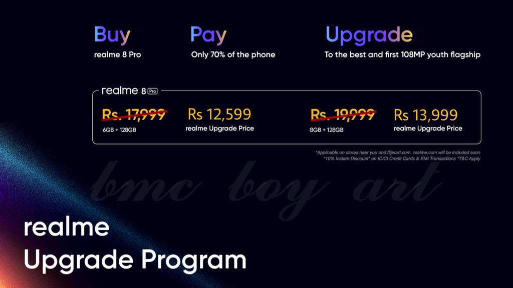 The prices of both variants of #realme8Pro with the #realUpgrade Program. 

#realme8Pro 

(6gb +128gb)   =  Rs 12,599
(8gb +128gb)   =  Rs 13,999

 #realUpgrade
 @MadhavSheth1